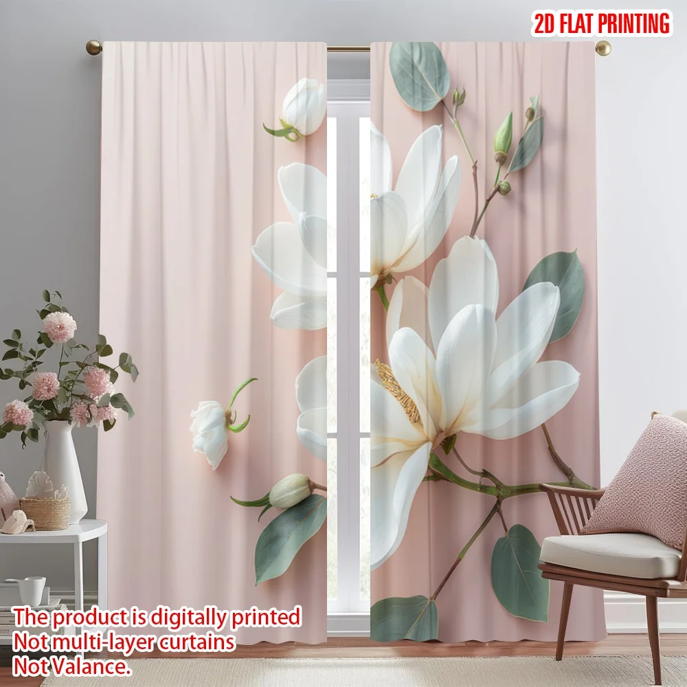 

2D flat printing 2pcs Window Treatment Curtains White Magnolias on Pink Digital Printed Polyester Drapes Birthday Party for