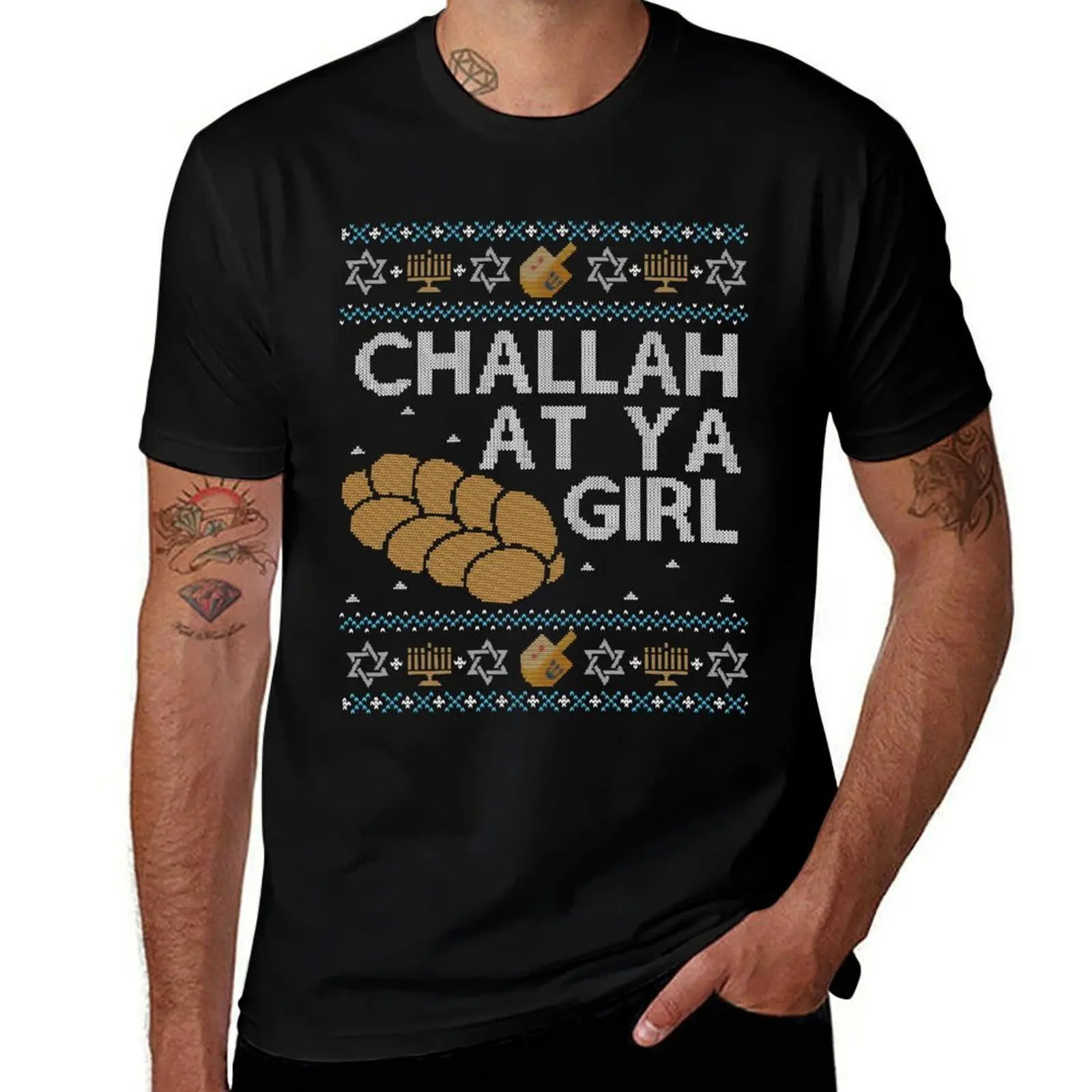 Funny Ugly Hanukkah Sweater, Challah at Ya Girl T-Shirt Basic Short Sleeve Cotton Blend T-Shirt