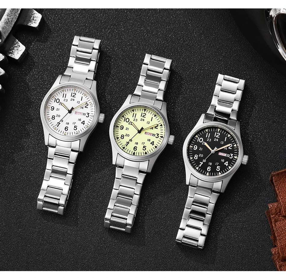 2026 Herren 38mm Leuchtende Zifferblatt-Uhr mit Tages- und Datumsanzeige, im Dunkeln leuchtend, grün, 30M wasserdicht, Felduhr mit Edelstahlarmband – Detail 19