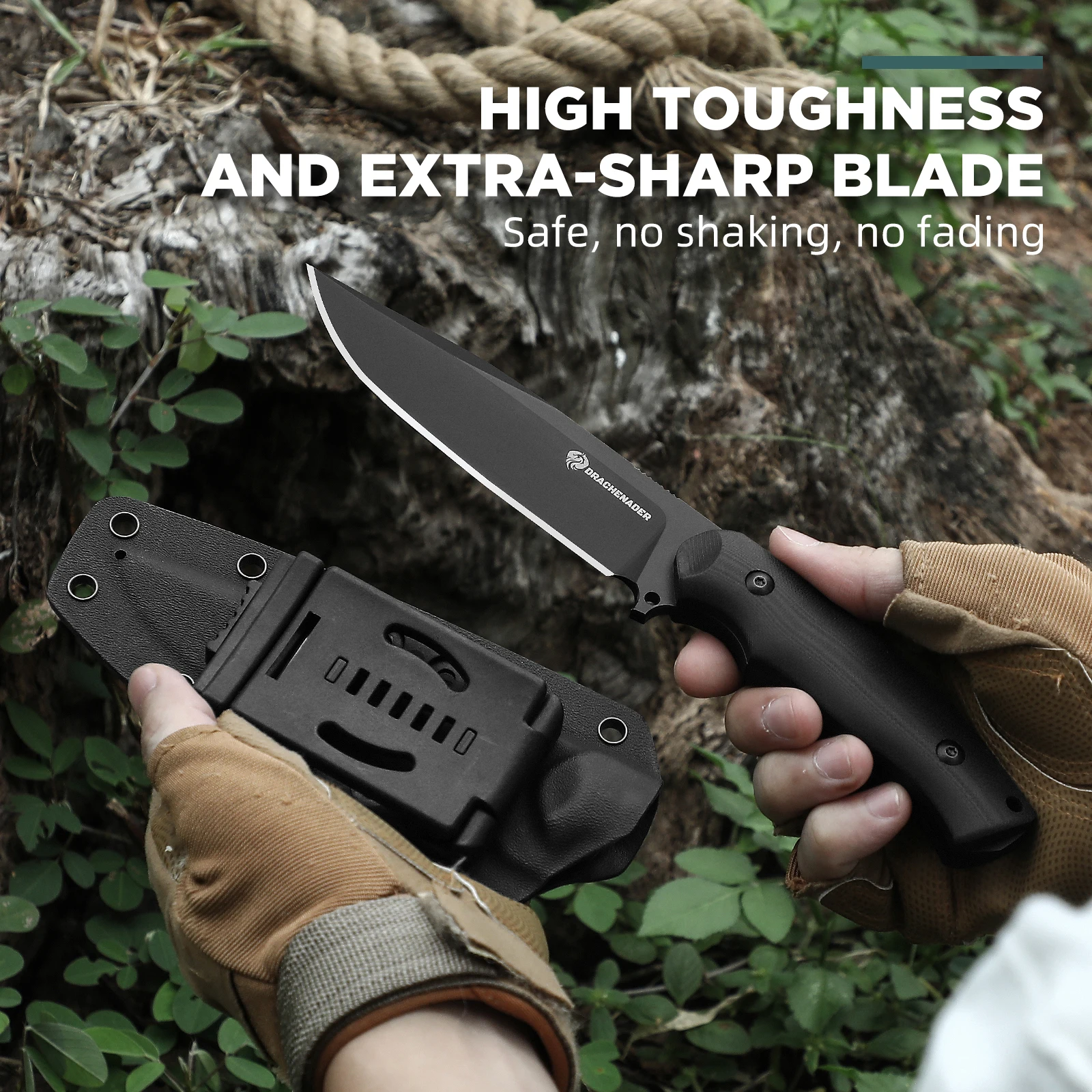 Survival Knife Fixed Blade hunting Knife with Kydex Sheath tactical Black, D2 Steel Blade Full-Tang Non-slip G10 Handle