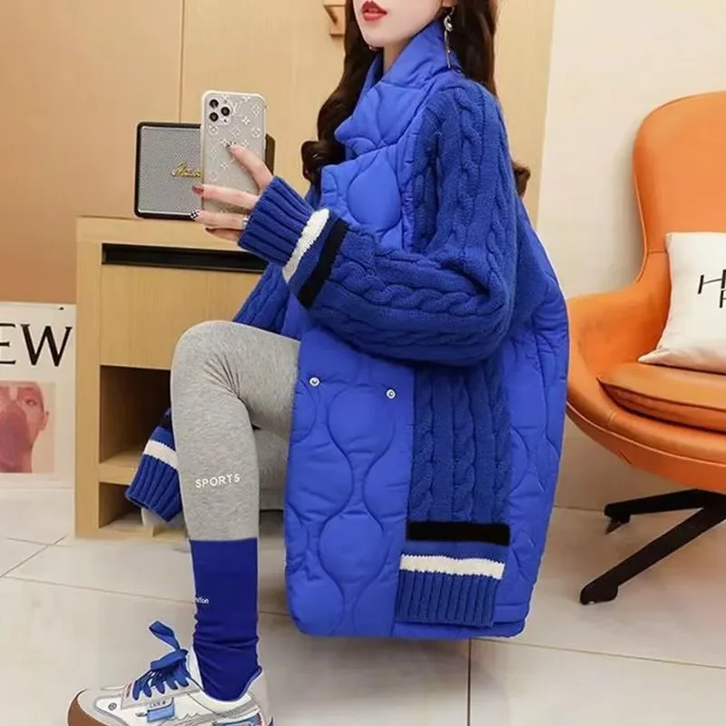 Stitching Sweater Cotton Jacket Women\'s Overcoat Autumn Winter 2024 New Thick Warm Parka Fashion Loose Knitted Cardigan Jacket