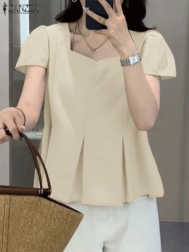

ZANZEA Fashion Chic Woman Blouses Elegant Square Neck Short Sleeve Pleated Tops Korean Style Casual Day Wear Solid Color Blusas