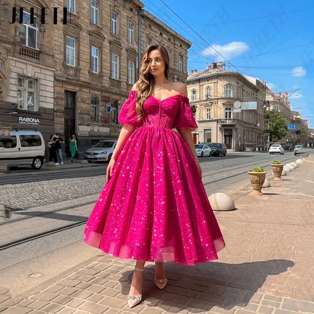 JEHETH Modern Glitter Sweetheart Prom Vestido Curto Puff Mangas Tornozelo ComprimJEHETH Modern Glitter Querida Prom Dress Curto Puff Mangas Tornozelo Comprimento Vestido de Festa Brilhante Tule A Linha Vestidos De Gala