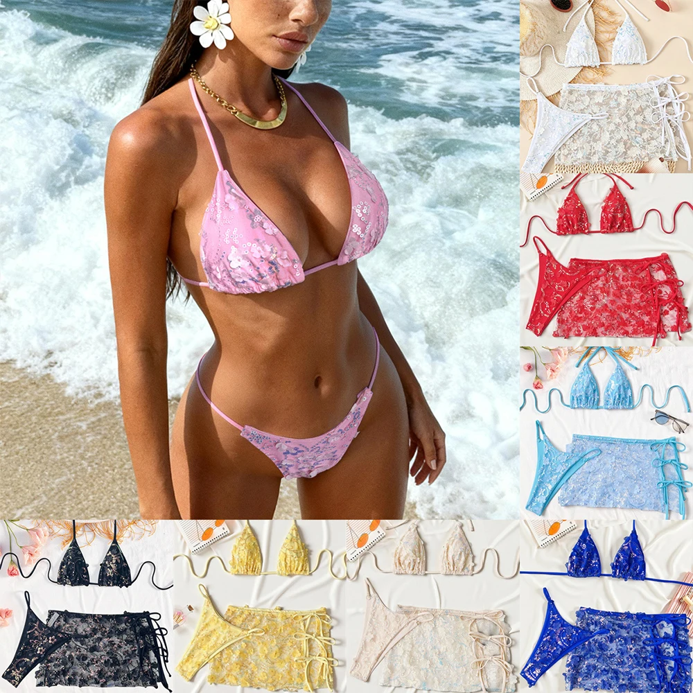 

New Women's New Bikini Three Piece Swimsuit Set Sequined Swimsuit for Women Lace Up Fashion Sweet Girl Beach Holiday Swimwear