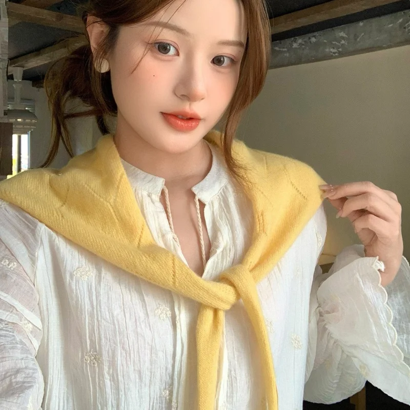 

Women's Solid Color Wool Knitted Triangular Scarf Shawl Versatile Small Shoulder Wrap for Spring Summer Fashionable Decor
