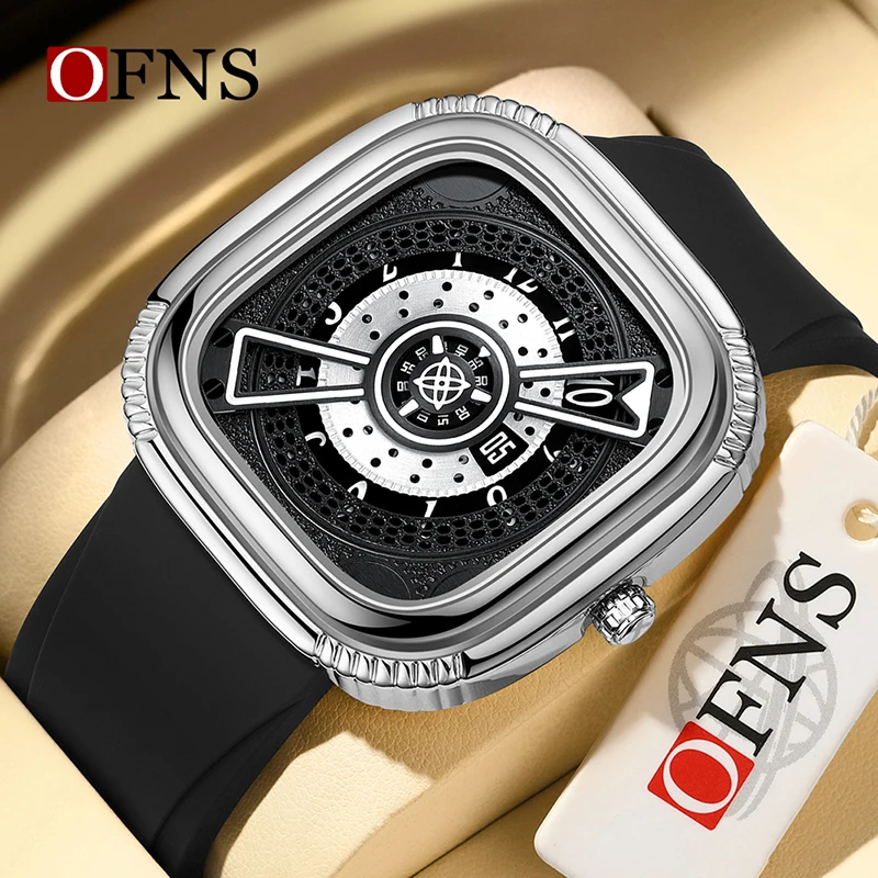 OFNS 1312 R square Gold Business Creative Pointer Men Watch Sport Quartz Timer Wristwatch High Quality Silicone Band Man Clock