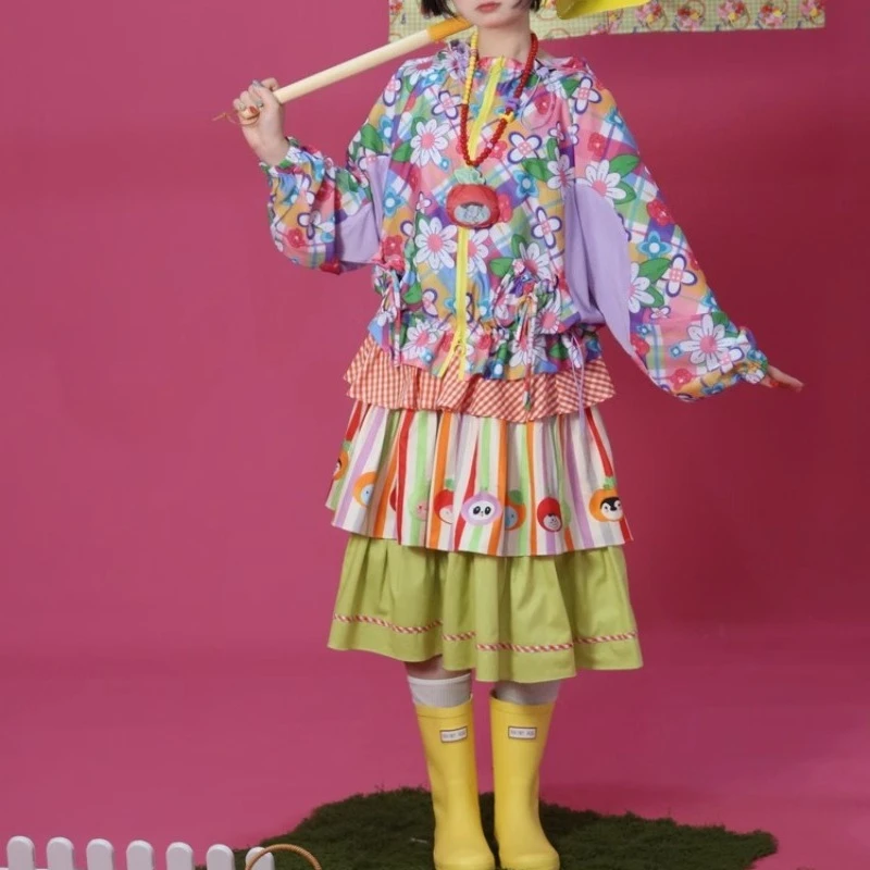 تنورة كعكة نسائية صيفية جديدة مطبوعة على شكل حيوانات لعام 2025 تصميم أصلي ملون ربط حلو لطيف لوليتا تنانير متوسطة الطول للسيدات