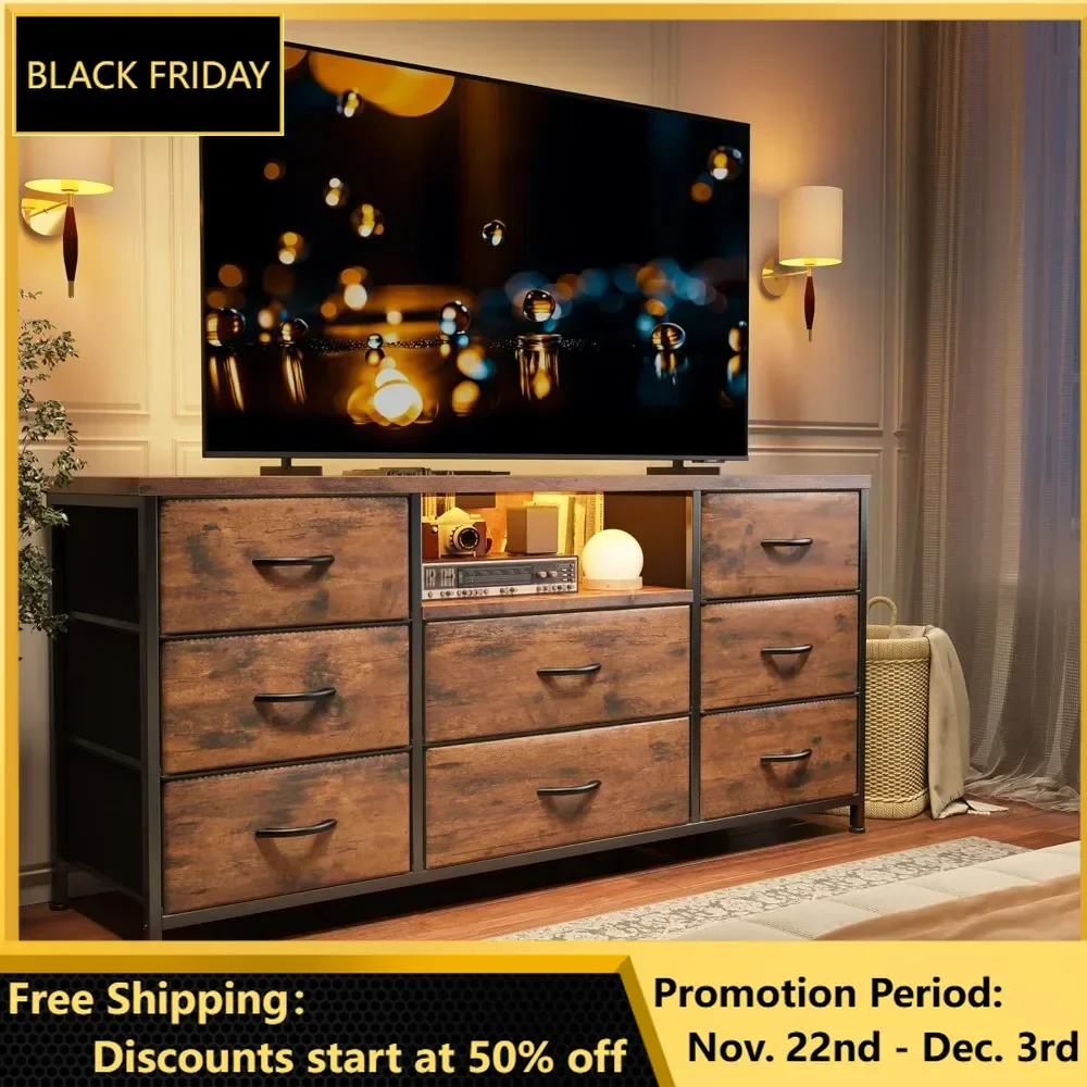 

TV Stand, Power Outlet Entertainment Center with 8 Fabric Deep Drawers Media Console Table for TV Wide Storage Drawer Dresser