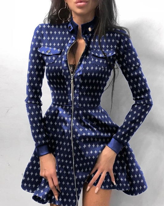 

Elegant Women's Summer Shirt Dresses 2024 Fashion Elegant Printed Stand Up Collar Zipper Shirt Long Sleeve A-Line Short Dresses