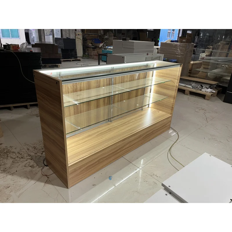 Maßge schneiderte heiße Verkauf Glas Display Vitrine mit LED-Licht Schmuck Holz Display Rauch Einzelhandel geschäft gehärtete Glas Kabine