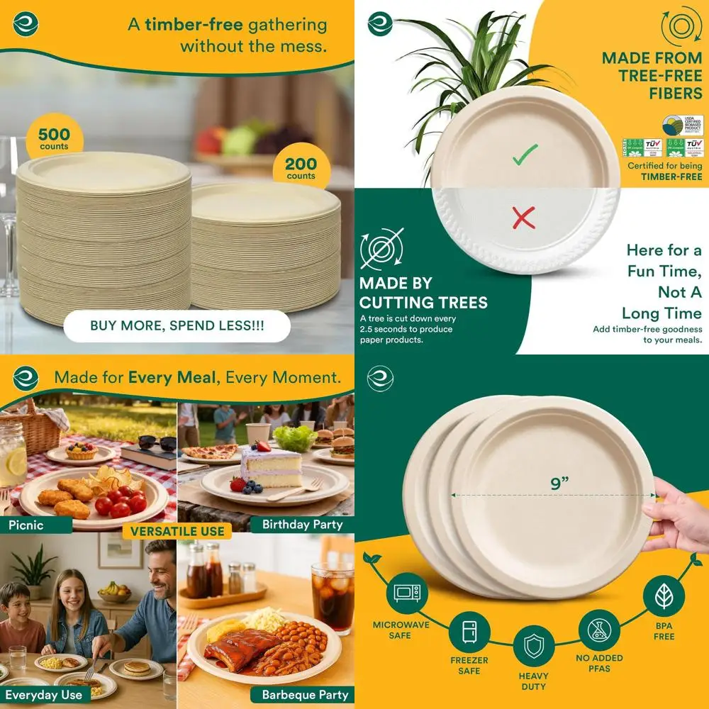 

Compostable 9 Inch Disposable Paper Plates, 400 Pack, Heavy-Duty, Biodegradable, Suitable for Microwave, Ideal for Parties and O