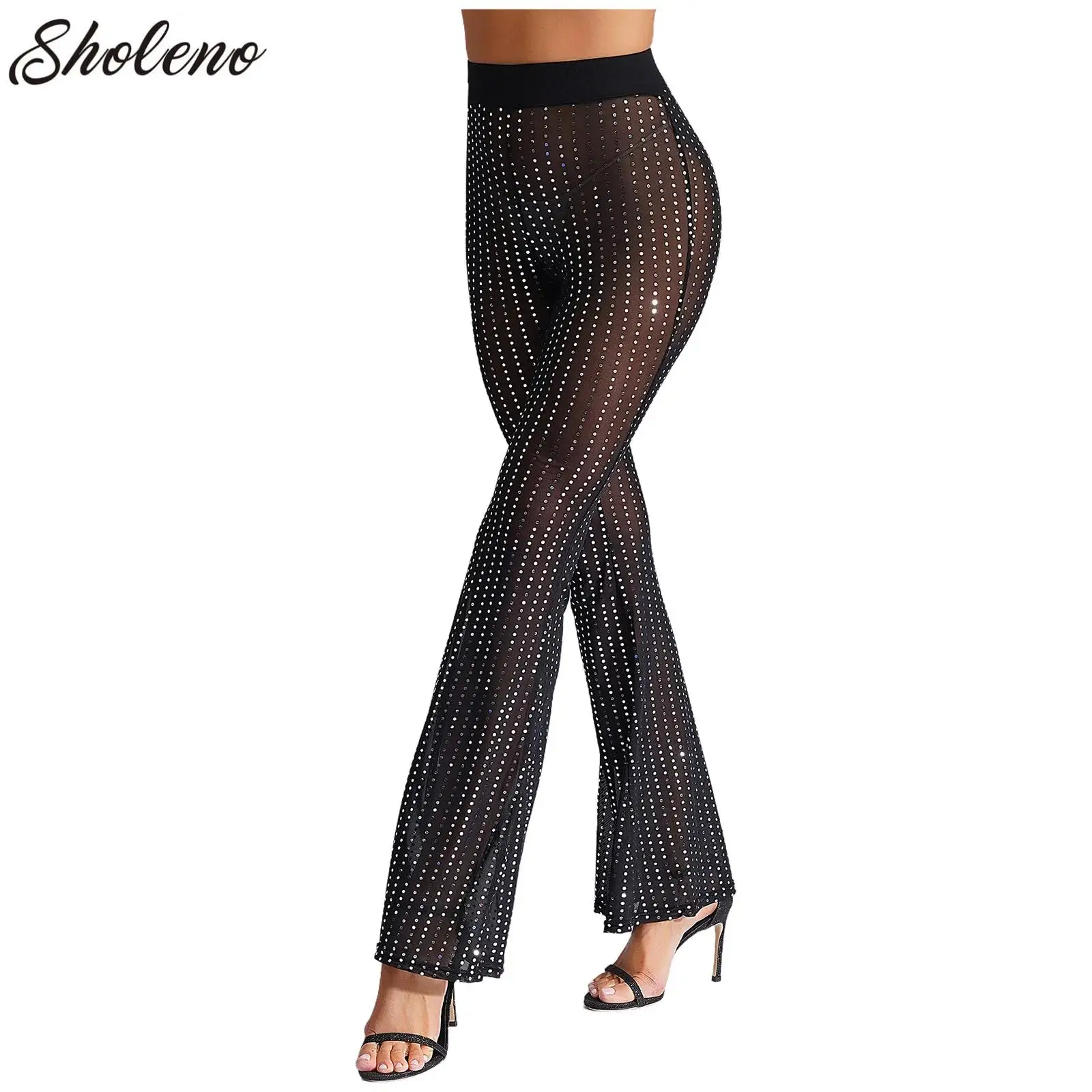 Womens Sexy Sequined Mesh Flare Pants High Waist Bell Bottom Sheer Mesh Cover Up Pants Summer Chic Trousers for Raves Party Club