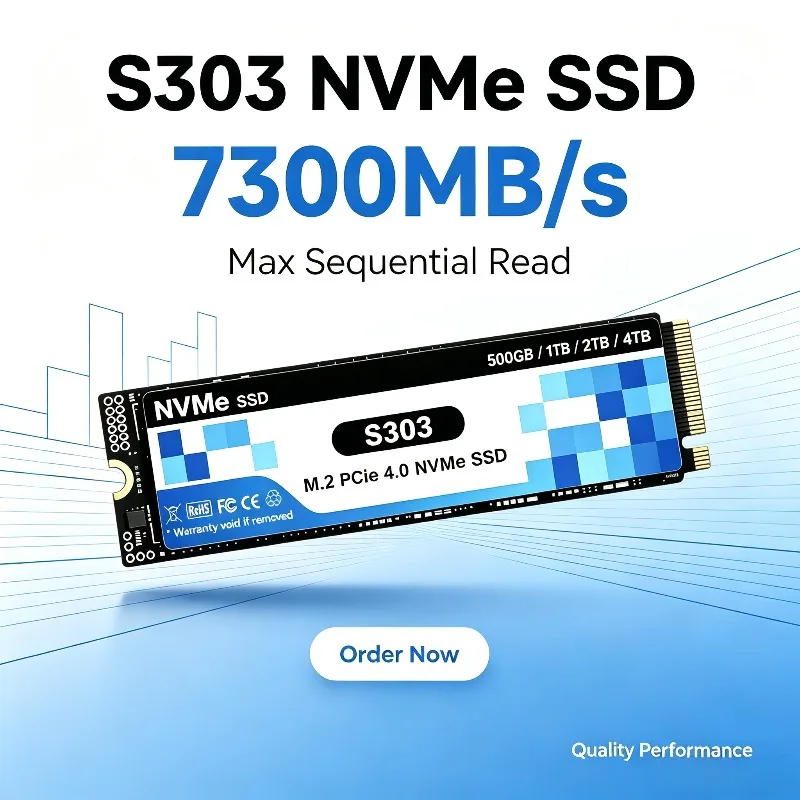 S303 SSD 500GB-4TB M.2 NVMe PCIe Gen4, 7300MB/s Max Seq Read Speed, Internal Drive for Gaming Laptops and Desktop Systems.