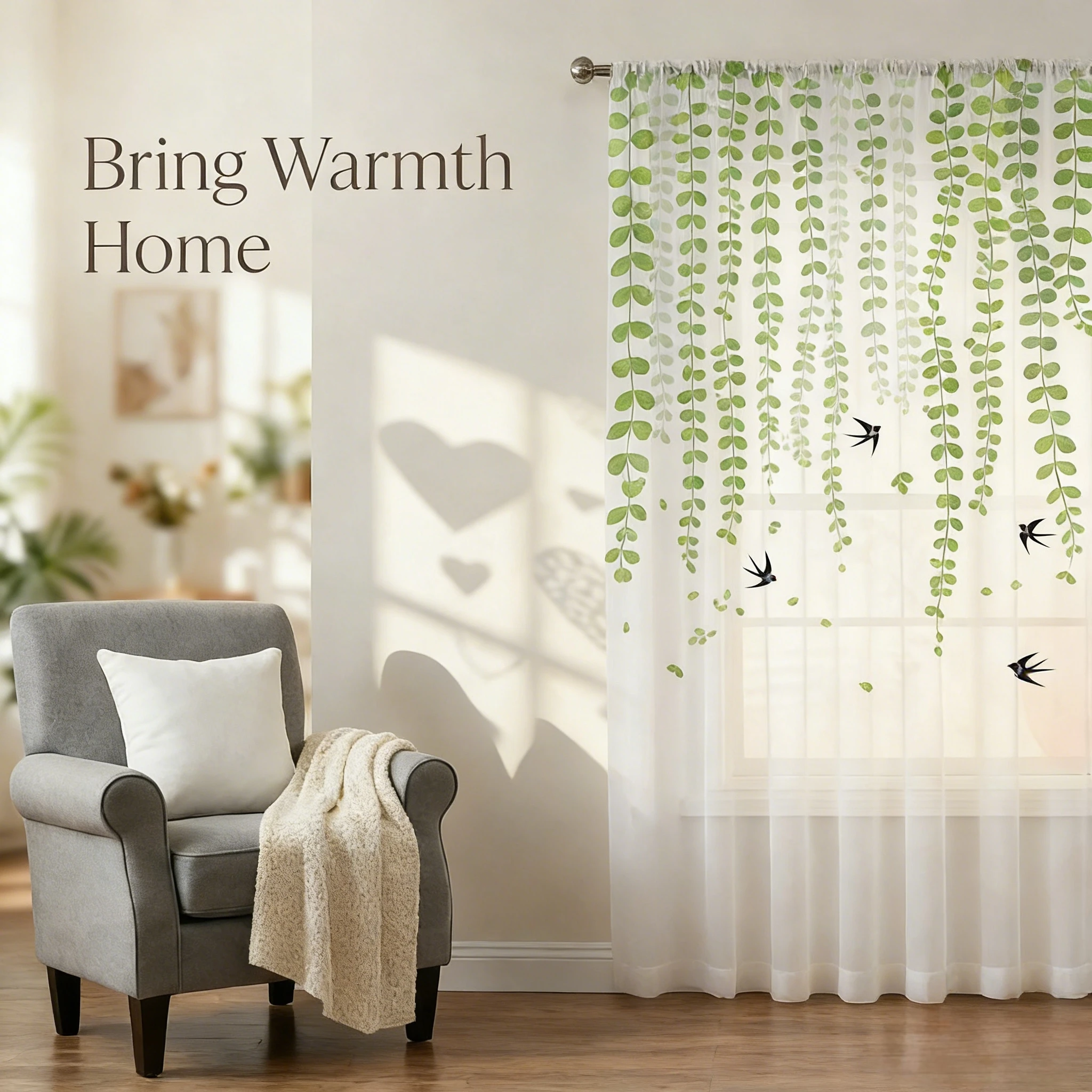 1 Piece Fresh Country Cattail & Swallow Sheer Curtain - Light Filtering, Privacy, Rod Pocket, for Living/Bedroom/Kids Room