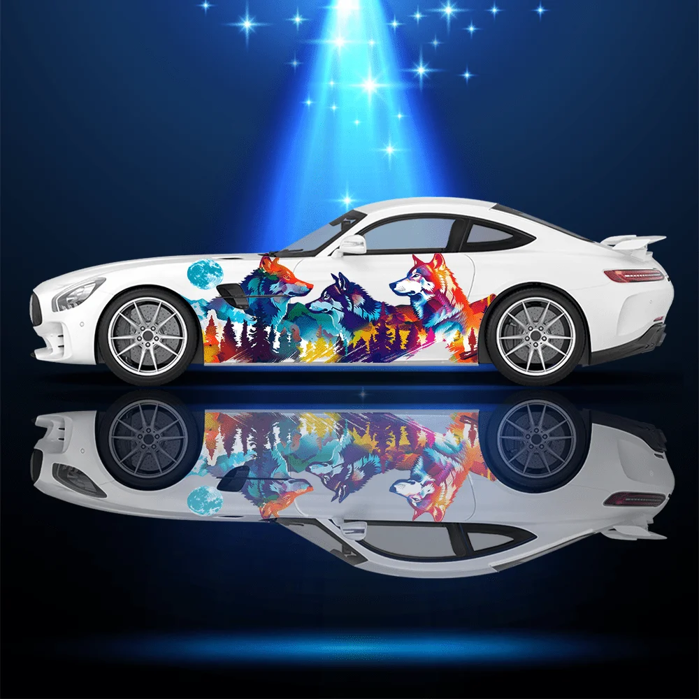 Colorful Wolf Pack Mountain Car Vinyl Wraps Decal Self-adhesive PVC Sticker Suitable for Trucks SUV Decoration Auto Accessories