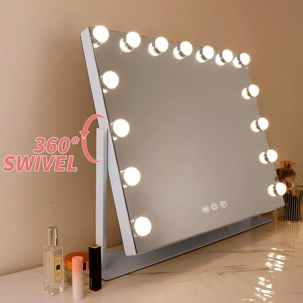 Decorative Mirrors,White illuminated mirror with 15 dimmable LED bulbs, rotatable,Decorative Mirrors.