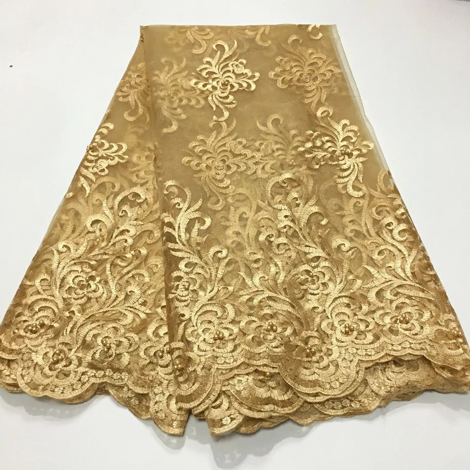 Gold African Lace Fabric 2024 High Quality Beaded Nigerian Lace Fabrics for Wedding Women Dresses French Tulle Lace Fabric M2850