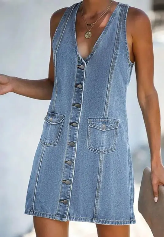 

2025 Vintage Button Placket Denim Short Skirt Fashion Denim Dress