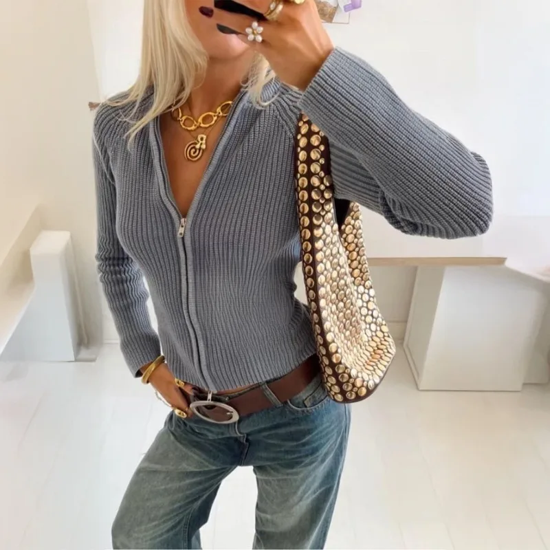 Black Zipper Knitted Cardigan Women Autumn Winter New Turndown Collar Cropped Sweater Streetwear Slim Y2K Knitwear Lady