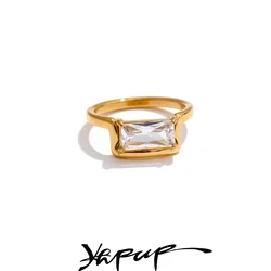 Yhpup Delicate AAA Shiny Cubic Zirconia Rectangle Golden Ring Water Resistant Stainless Steel Premium Jewelry Party Gift