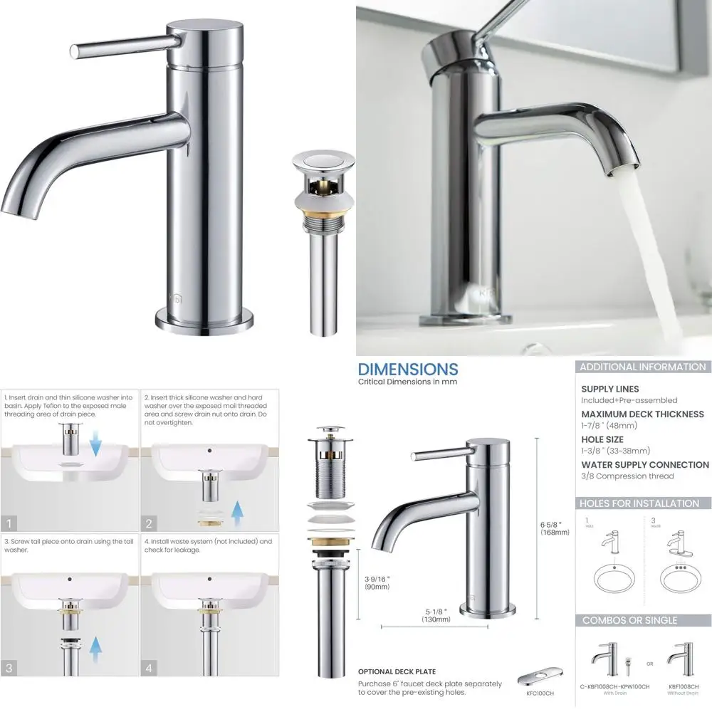 

Chrome Single Handle Bathroom Sink Faucet with Pop-Up Drain, Solid Brass, Durable and Corrosion-Resistant, Water Supply Hose Inc