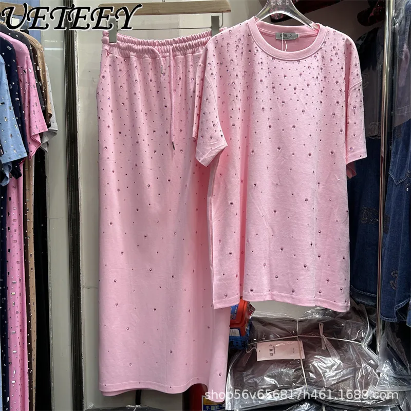 

Oversize Heavy-duty Starry Hotfix Rhinestone T-shirt Short Sleeve Tops + Elastic Waist Midi Skirt Two-piece Set for Women