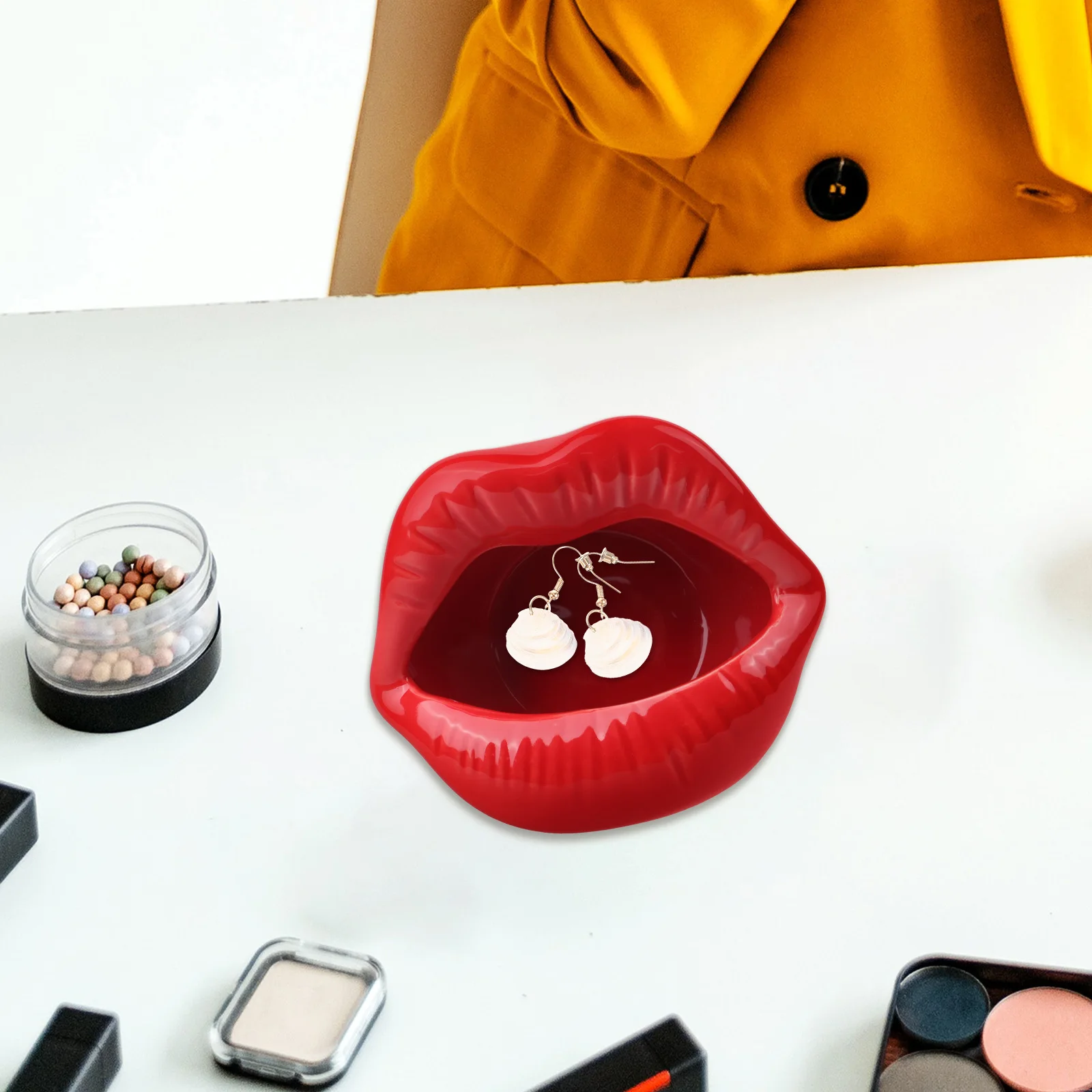

Ceramic Red Lipstick Rings Holder Jewelry Tray Organizer Display Dish Desktop Necklace Container Ceramic Storage Tray