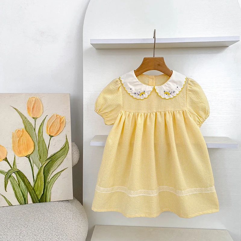 2026 New Summer 2-6Yrs Yellow Short Sleeve Dress Sweet Grid Dress Embroidered Floral Collar Girl Children Dress