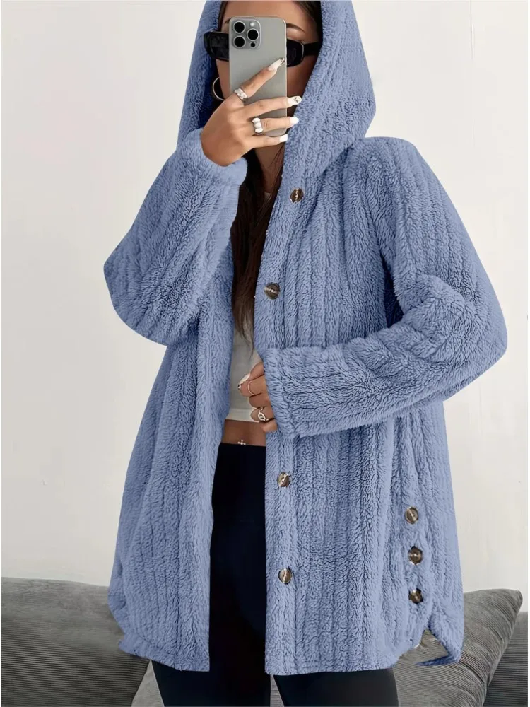 

Women Plush Cardigan Hoodie Casual Jacket 2025 Autumn Winter Hooded Irregular Hem Buttons Fleece Loose Outerwear Solid Coats