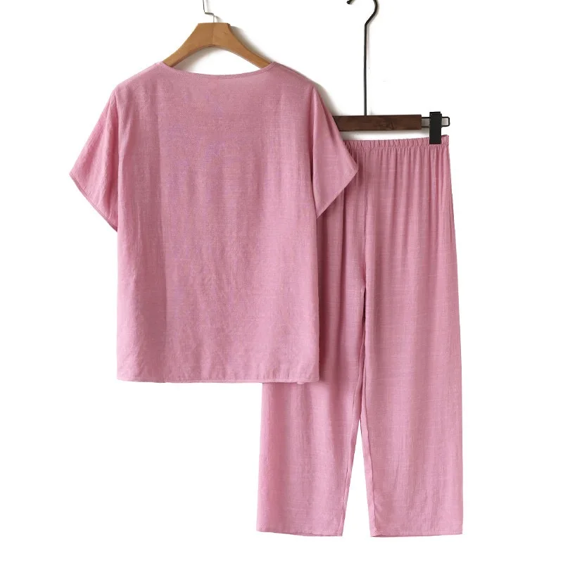 Conjunto pijama de linho de algodão feminino, pijamas soltas, camiseta manga curta, roupa florida, vovó, 2 peças, verão