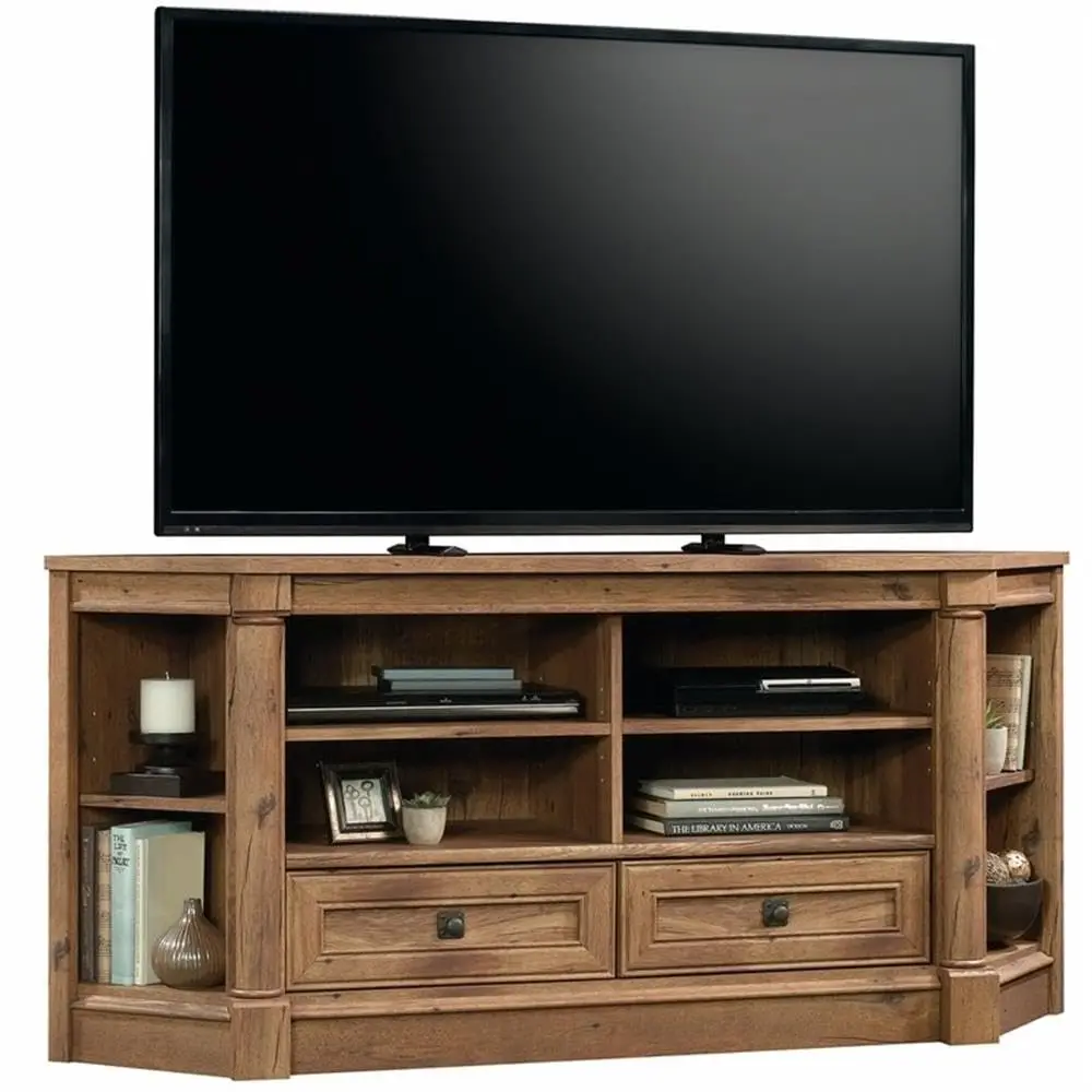 Corner TV Stand 60 Inch, Vintage Oak Wood with Open Shelves & Adjustable Drawers, Cable Management, Living Room, Customized