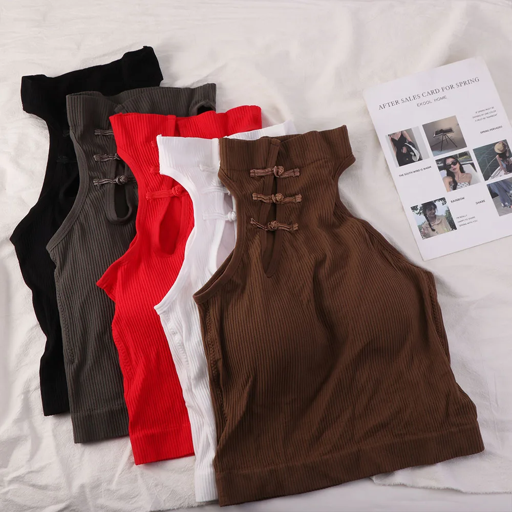 Sweet Frog Buckle Cheongsam Style Skinny Vest Sleeveless Backless Slim Crop Top Streetwear Ethnic Style Tanks Tops Women Club