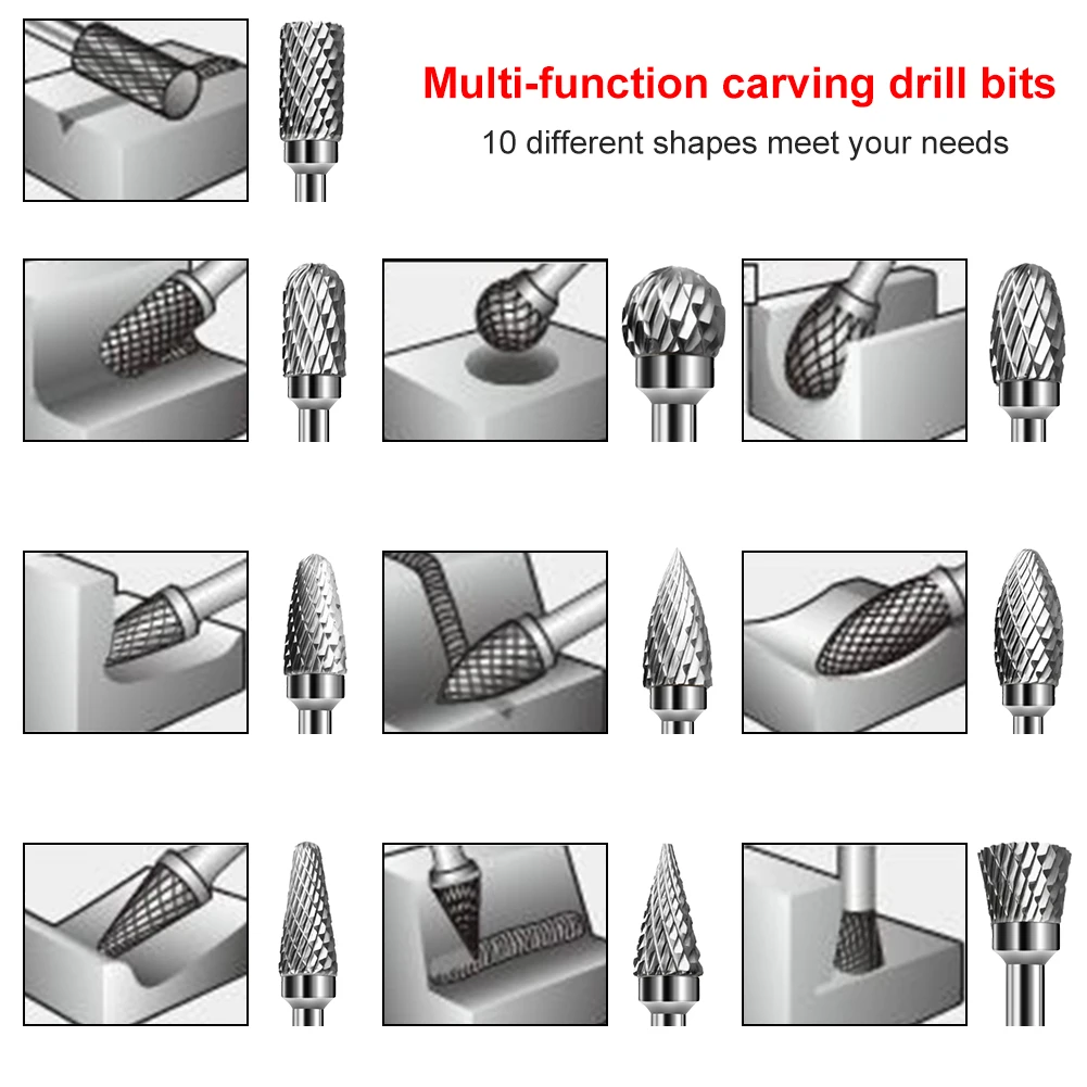 10Pcs Cutting Carving Tungsten Carbide Burr Bits Set For Dremel Rotary Tool Double Cut Tungsten Carbide Bit Metal Carving Cutter