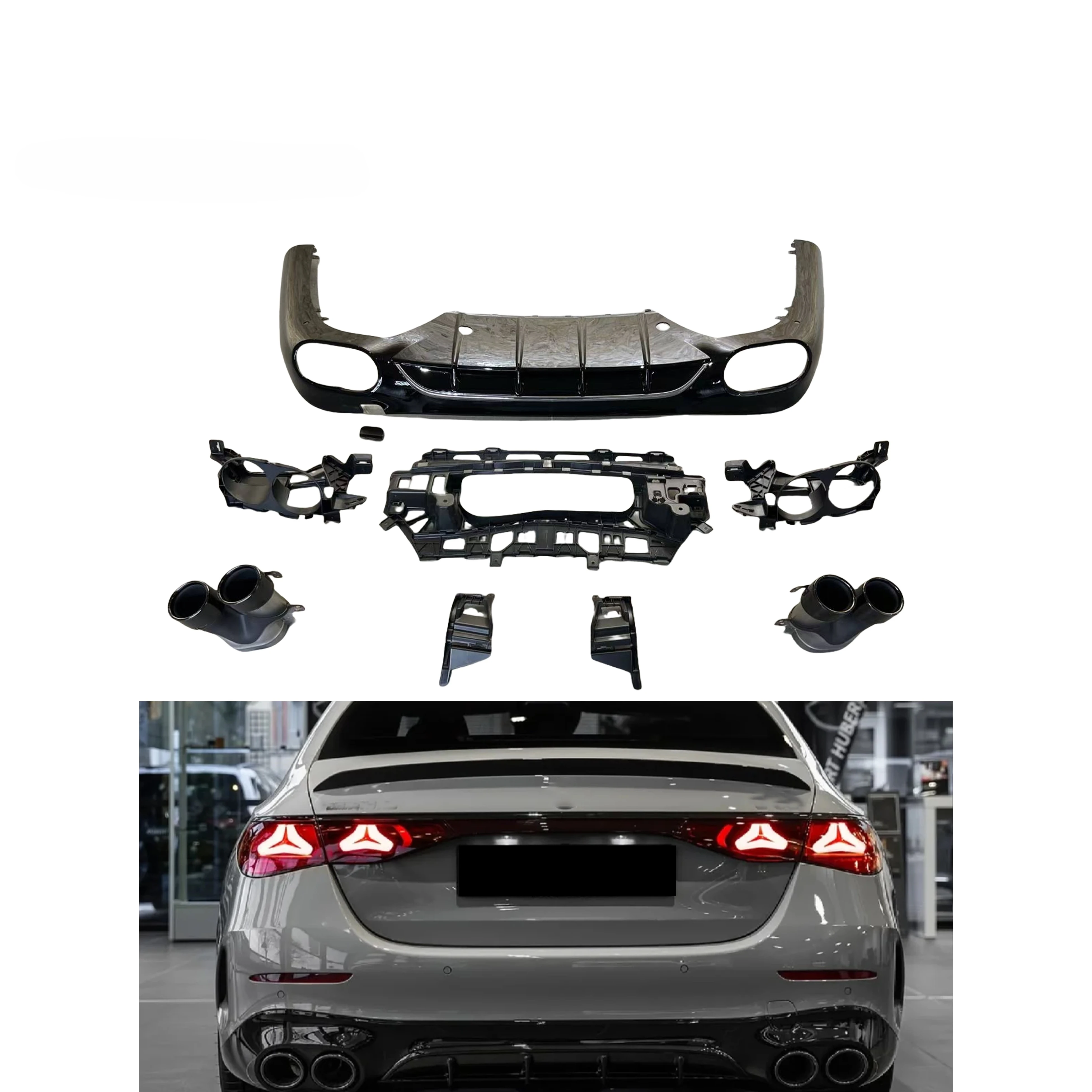 

Rear Bumper for Mercedes-Benz New E-class W214 W213 E53 Upgrade Tail Lip & Throat Kit Bolt-On with Park Assist Sensor Cut-Outs