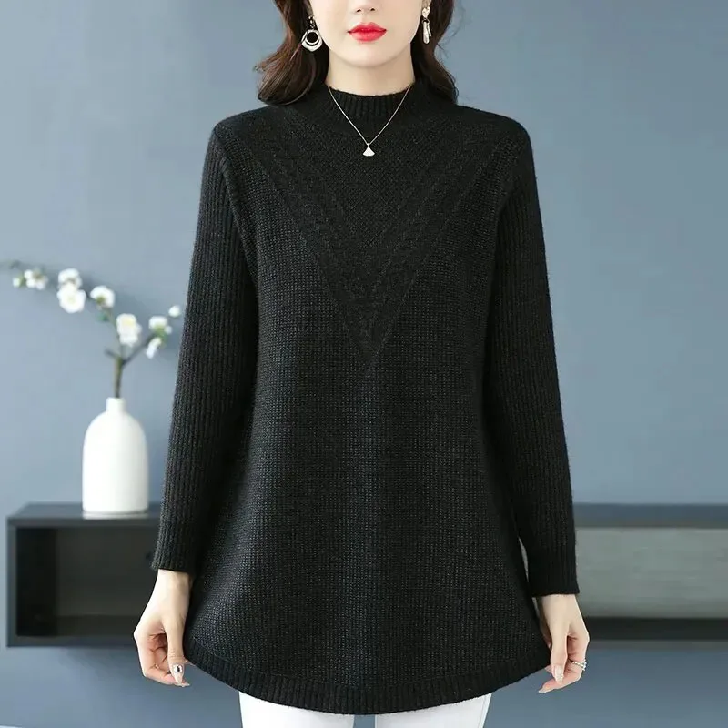 6XL Large Size Women\'s Autumn Winter High End Wool Sweater Loose Solid All-match Knitted Pullovers Korean Mid-Length Jumper Tops