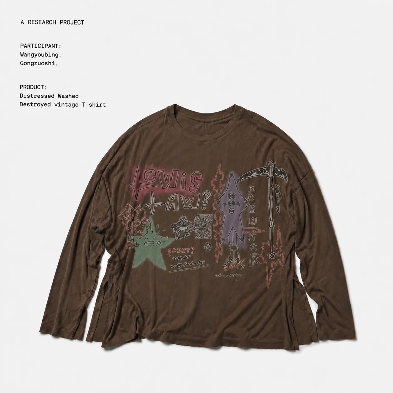 Retro Dark Scythe Star Graffiti Print Worn Long Sleeve T-Shirt Unisex Studio Work Cotton Youth Summer Fashion round Neck Tee