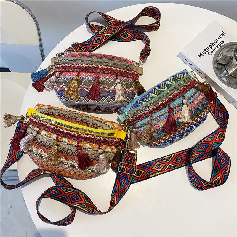 Women Bag Folk Style Waist Bags Ladies Chest Bag Tassel Handbags Ethnic Embroidered Shoulder Bag Oblique Bag Purse Fanny Pack