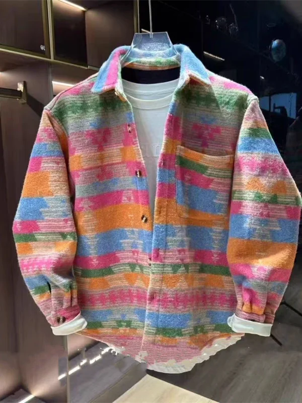 

Мужская рубашка свободного кроя в стиле ретро с эффектом тай-дай, радужными цветами, модным отложным воротником, в корейском стиле, молодежная верхняя одежда, трендовая.