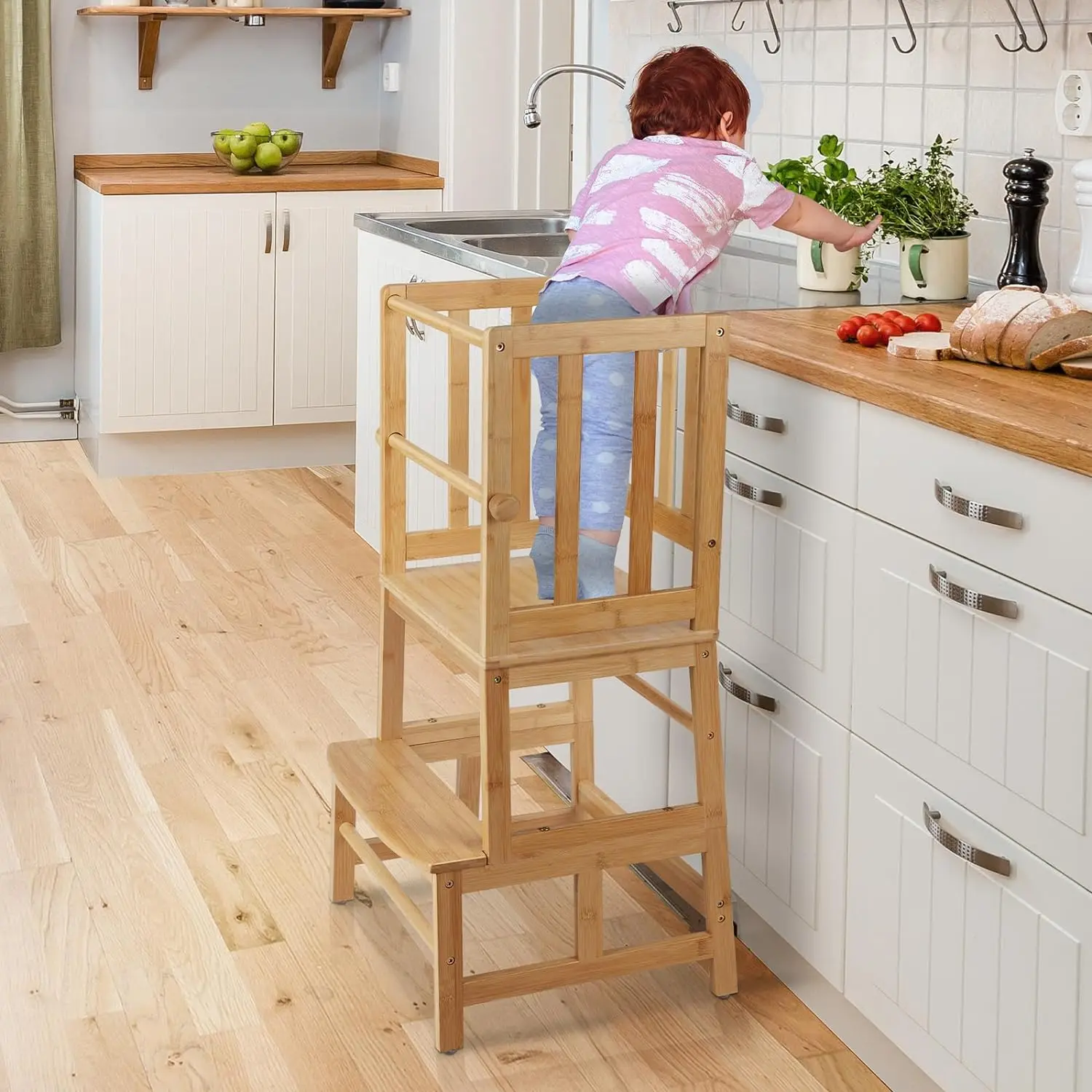 COSYLAND Kids Kitchen Step Stool，Toddler Standing Tower with CPC Certification, Removable Anti-Drop Railing Safety