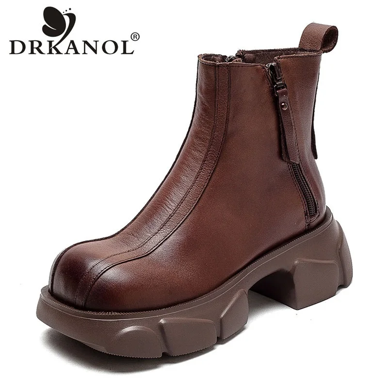 

DRKANOL Handmade Retro Boots Women Genuine Cow Leather Platform Thick High Heel Double Zipper Casual Ankle Boots Autumn Winter