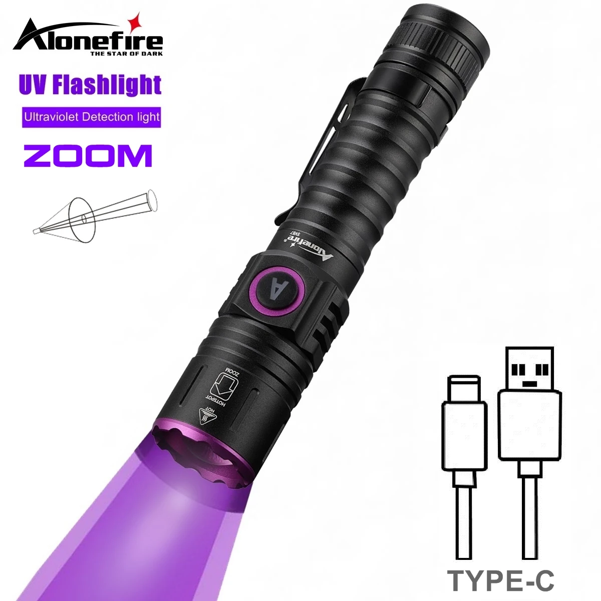Zoom UV-LED-Taschenlampe 365 395 nm Typ-C-Aufladung, unsichtbare Tinte, Marker, Katze, Hund, Urin, Tinea, Erz, Geld, Skorpion, Fluoreszenzlicht – Detail 3