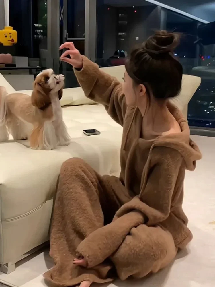 Flannel Pajama Sets Women Winter Hooded Sleepwear Thicken Warm Casual Baggy Home Ulzzang Simple Loungewear Fashion Comfortable image 3