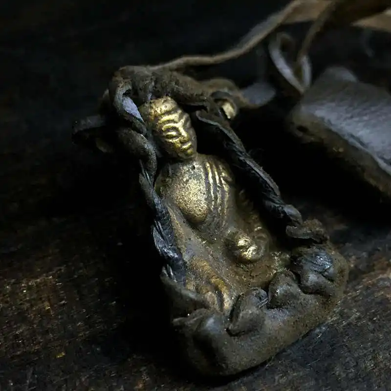 Tibetan Medicine BUDDHA Amulet Necklace Small Pocket Buddha with Cow Leather Rope TNL391