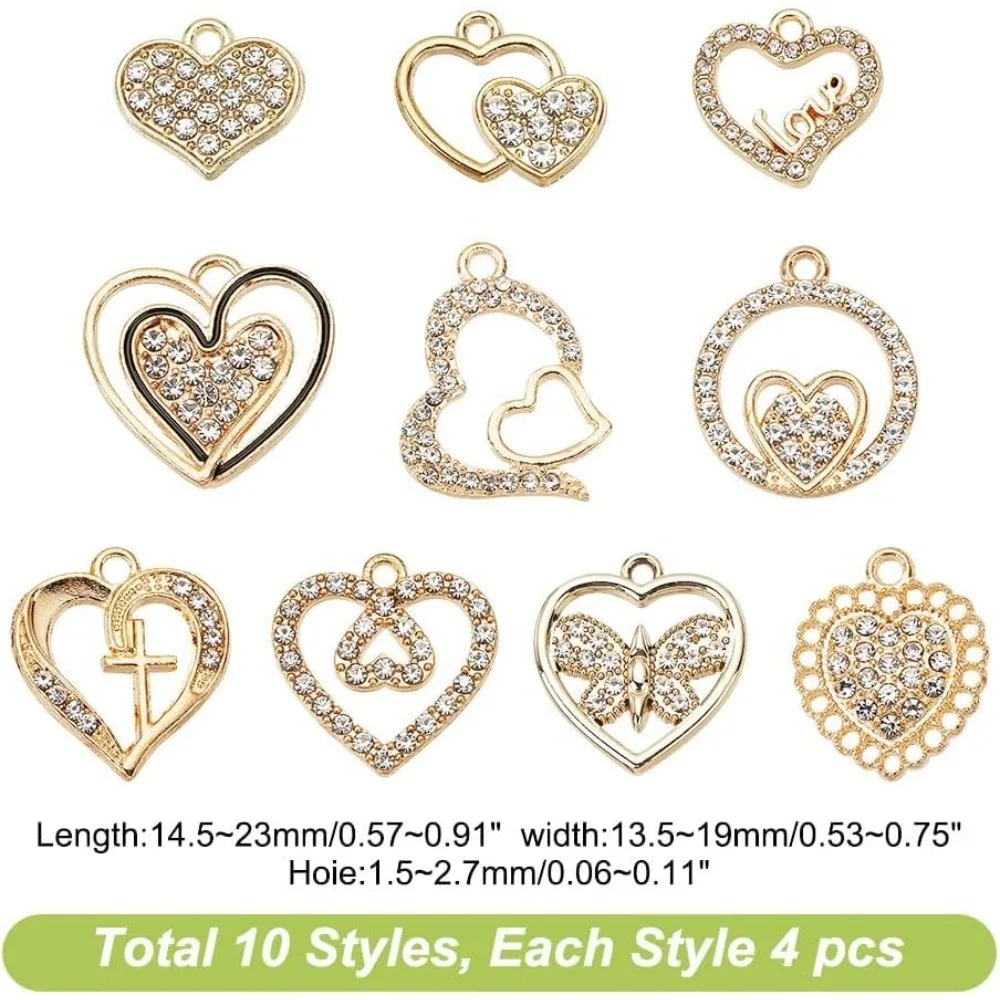 40 Pcs Rhinestone Heart Pendants Bulk 10 Styles Golden Butterfly Cross Heart Rhinestone Charms Alloy Love Charms Dangle Charms