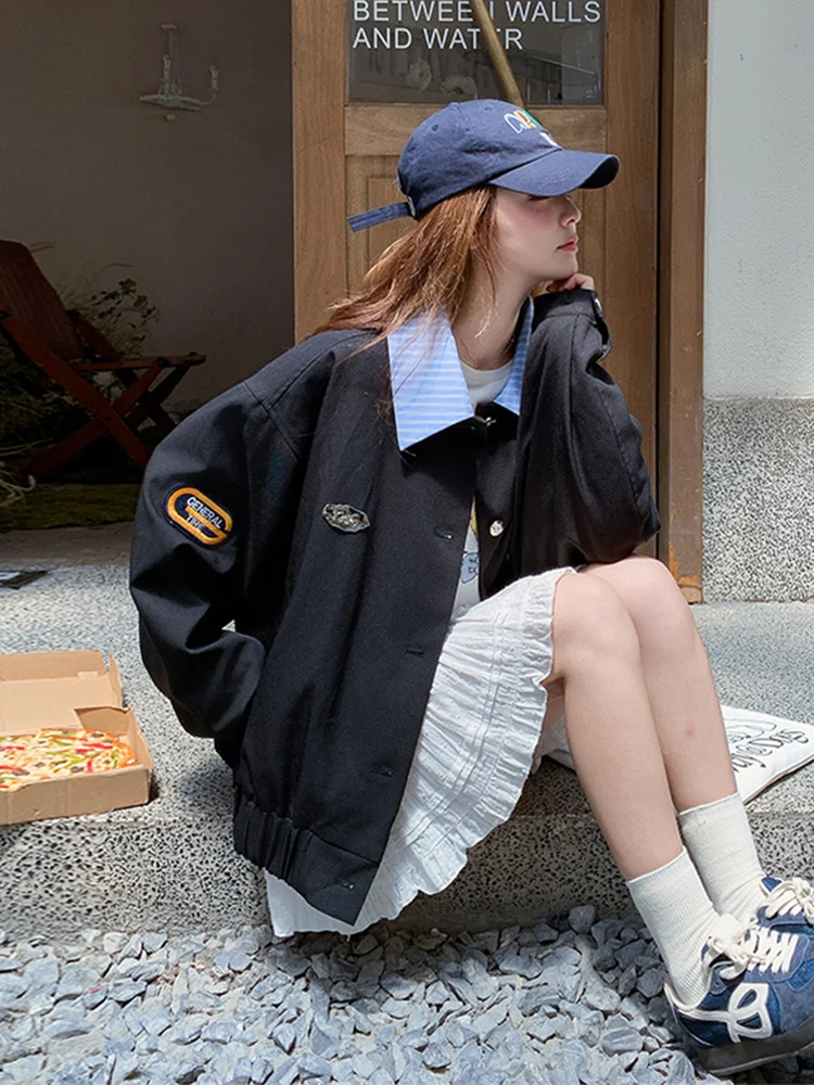 

Sweet Cool Striped Patchwork Jaet Women's ort Sle Casual Stand Fit Spring Autumn 2025 New Faion Versatile Top