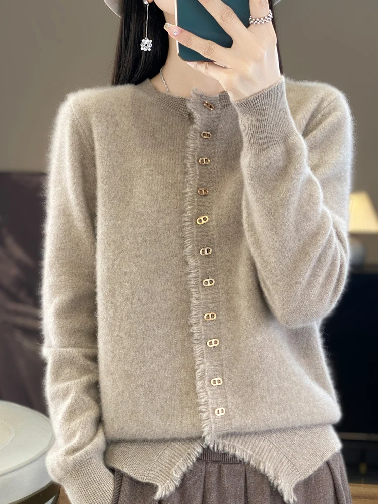 

ANGEL Women's O-neck Cardigans 100% Merino Wool Knitwear Spring Autumn Winter Cashmere Sweater Tassel edge Fashion Clothing Tops