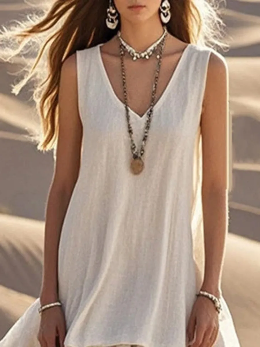 Retro Solid Cotton Linen Pleated Long Dress Woman Spring Fashion V Neck Loose Maxi Dress Summer Sleeveless Tank Boho Beach ZSA8
