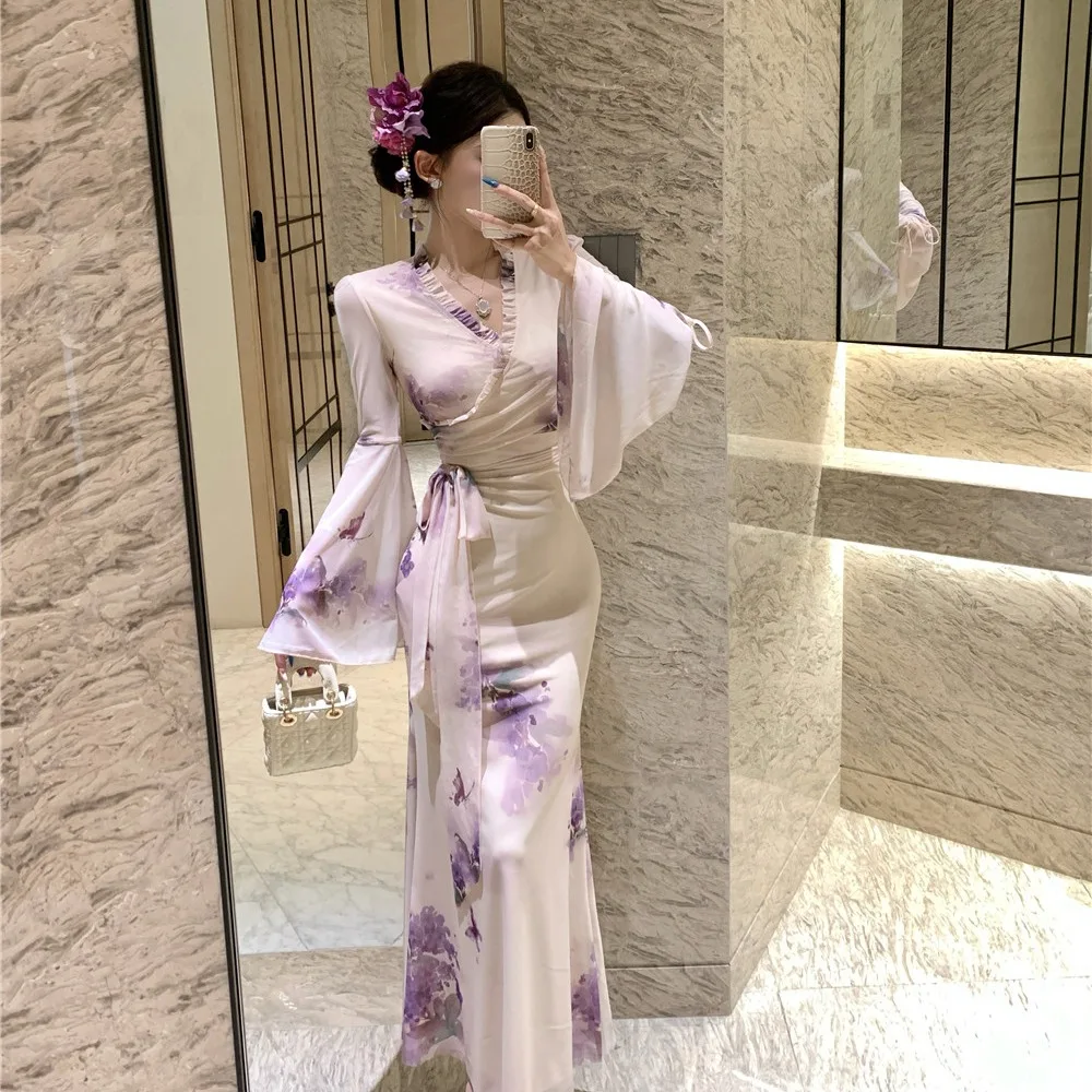 

V-Ne Bell Sve Тюлевое платье с принтом и бантом на плечах Длинное платье с высокой талией для осени и зимы Женская мода