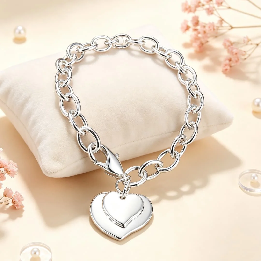 Factory direct 925 Sterling Silver Special double Heart card pendant Bracelet for woman fashion jewelry Valentine's Day gifts