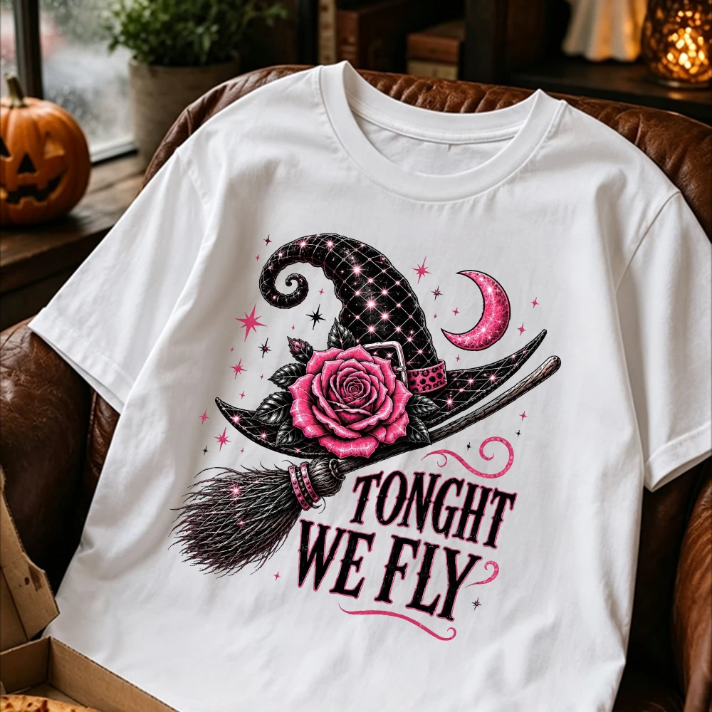 Tonight We Fly Witch Hat Graphic T-Shirt Women Pink Rose Broom Halloween Spooky Season Short Sleeve Vintage Gothic Loose Tees